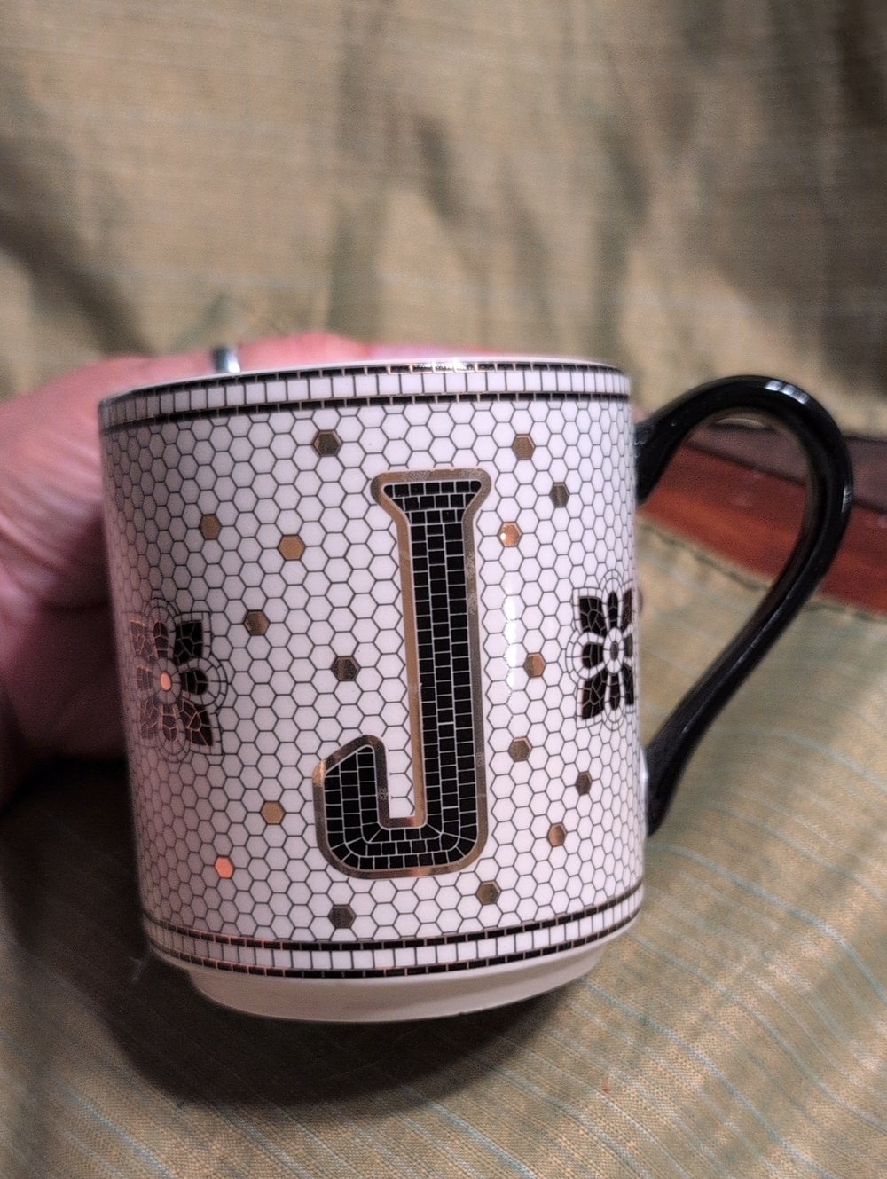 Anthropologie Monogram J Ceramic Mug with Black Handle and Gold Accents